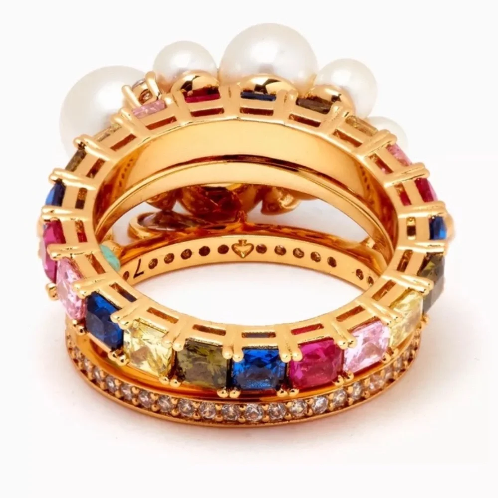 Kate Spade rain or shine stacking Goldtone Ring Set with Pearl & Crystals Size 7